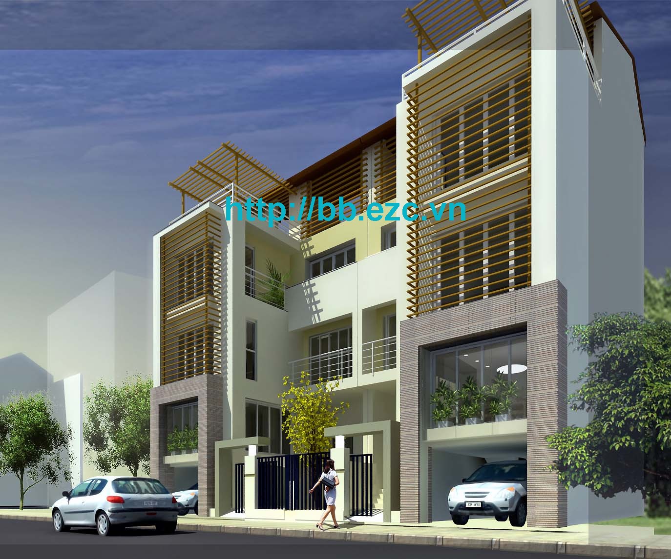 Phối cảnh nhà phố 8x12m song lập - Sân trước liên hợp hai nhà tạo hình khối, chi tiết sinh động