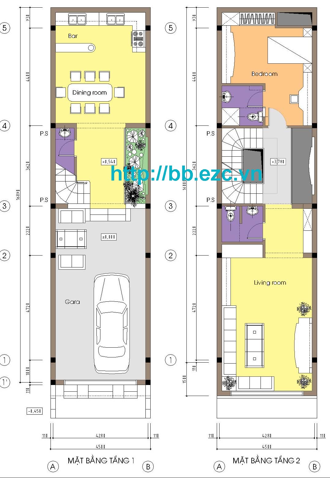 Mặt bằng nhà ống 4.5x17m - nhiều khoảng trống tầng để cải thiện thông gió chiếu sáng cho các phòng bên trong