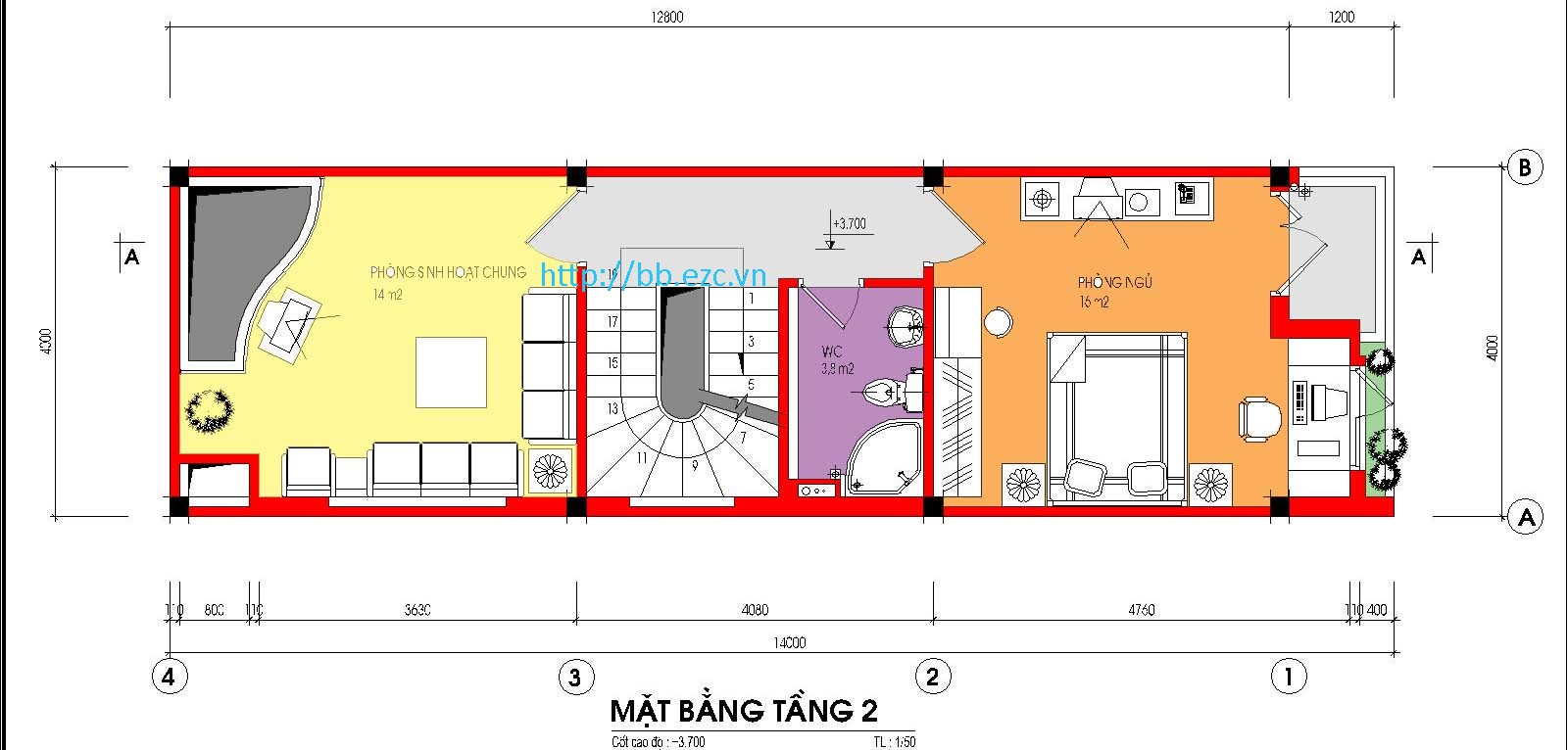 Nhà ống / nhà phố 4x13m - Mặt bằng tầng 2