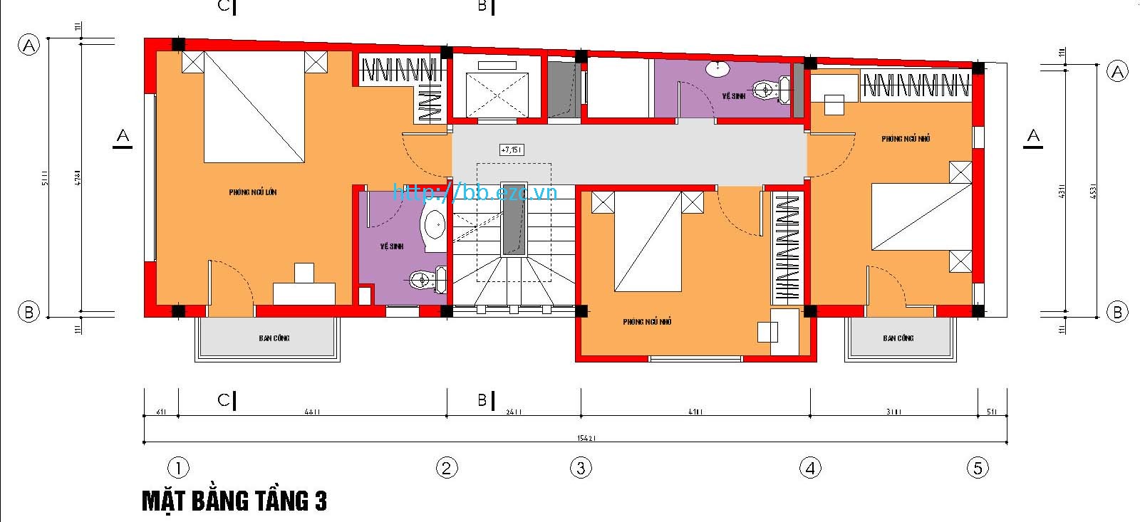 Mặt bằng tầng 3 - nhà ống 5x15m có bố trí thang máy