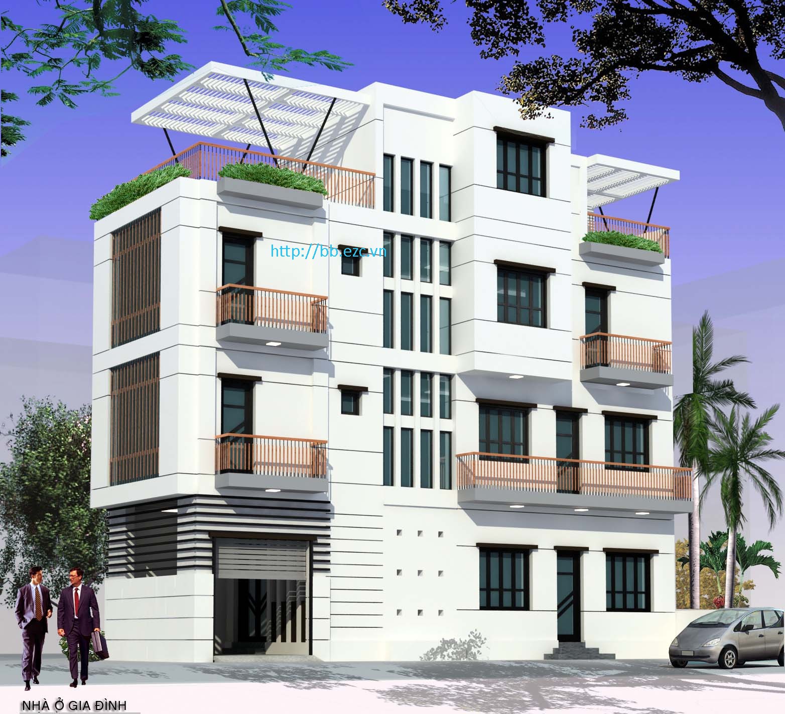 Phối cảnh nhà ống 5x15m - Kiến trúc hiện đại với lam che nắng thích hợp khí hậu nhiệt đới