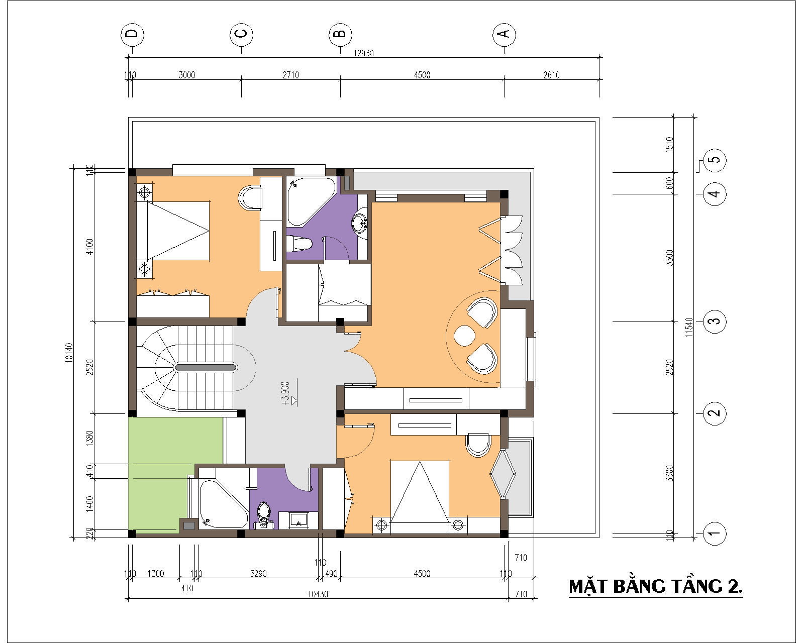 Biệt thự / nhà vườn 10x10m trên đất 12x13m - Mặt bằng tầng 2