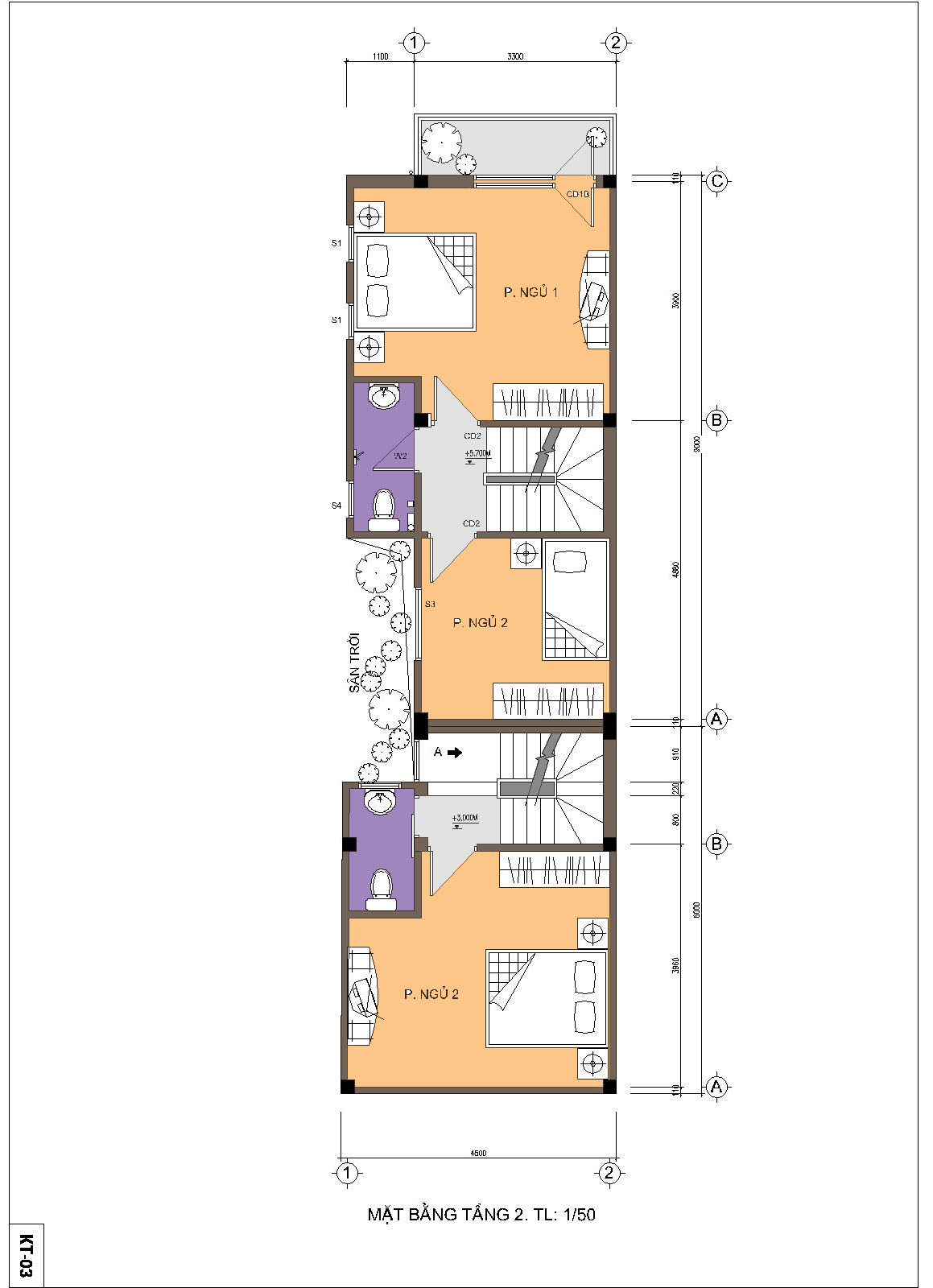 Nhà ống / nhà phố 4.5x15m - Mặt bằng tầng 2