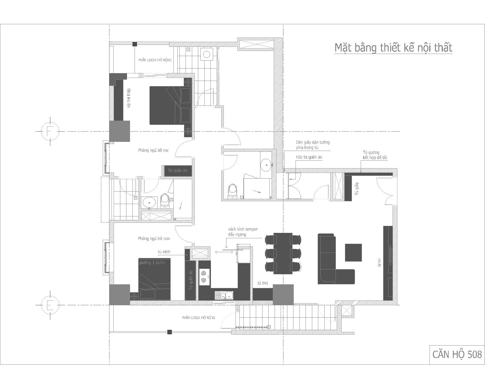 Nội thất căn hộ số 05 - chung cư GP Building - Mặt bằng cải tạo nội thất không thay đổi nhiều về kết cấu và  cấu trúc căn hộ mà xử lý, tận dụng các không gian bất lợi thành chức năng sử dụng hợp lý