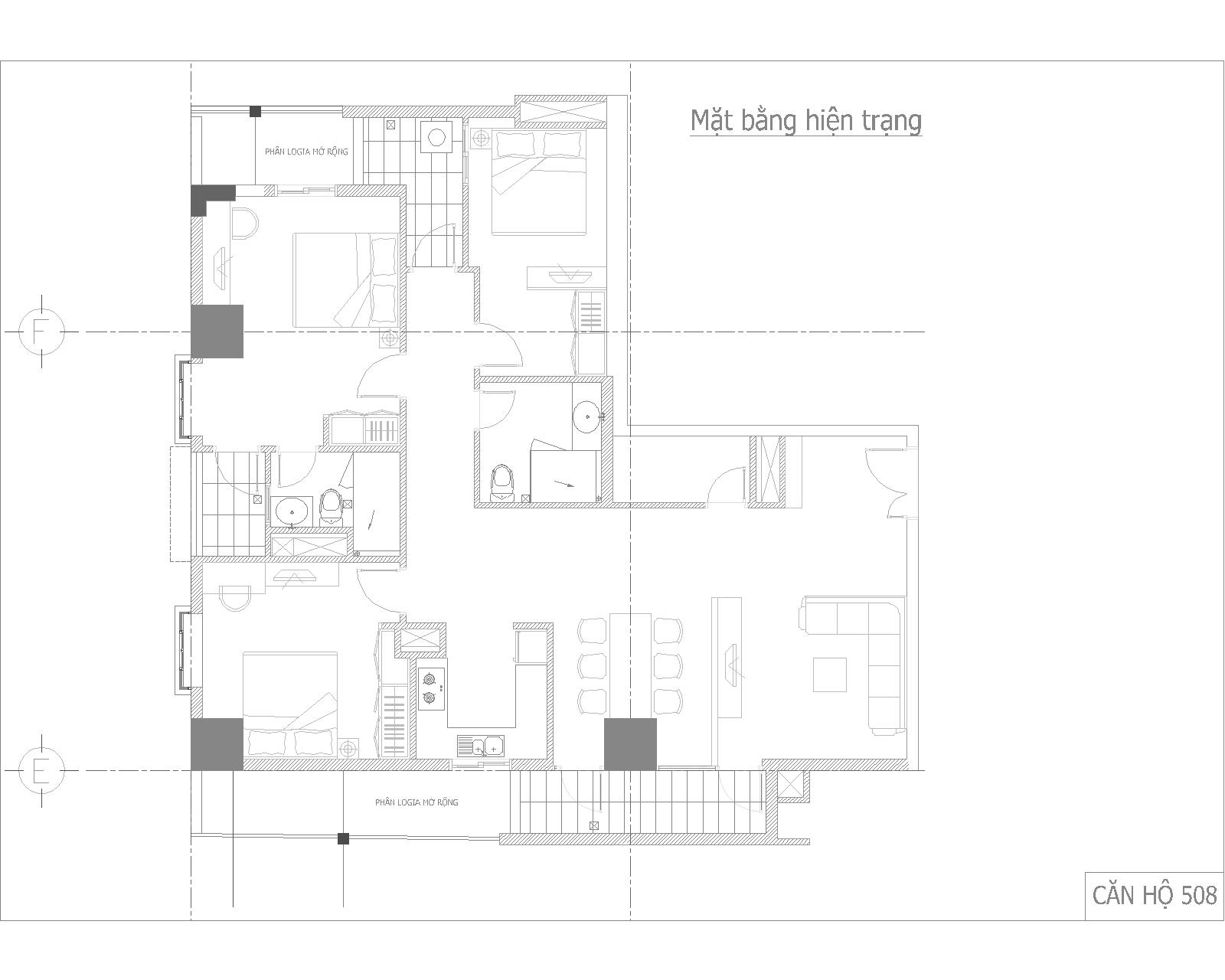 Nội thất căn hộ số 05 - chung cư GP Building - Mặt bằng hiện trạng với nhiều ngóc ngách do trong nhà có khá nhiều cột kết cấu lớn và hộp kỹ thuật
