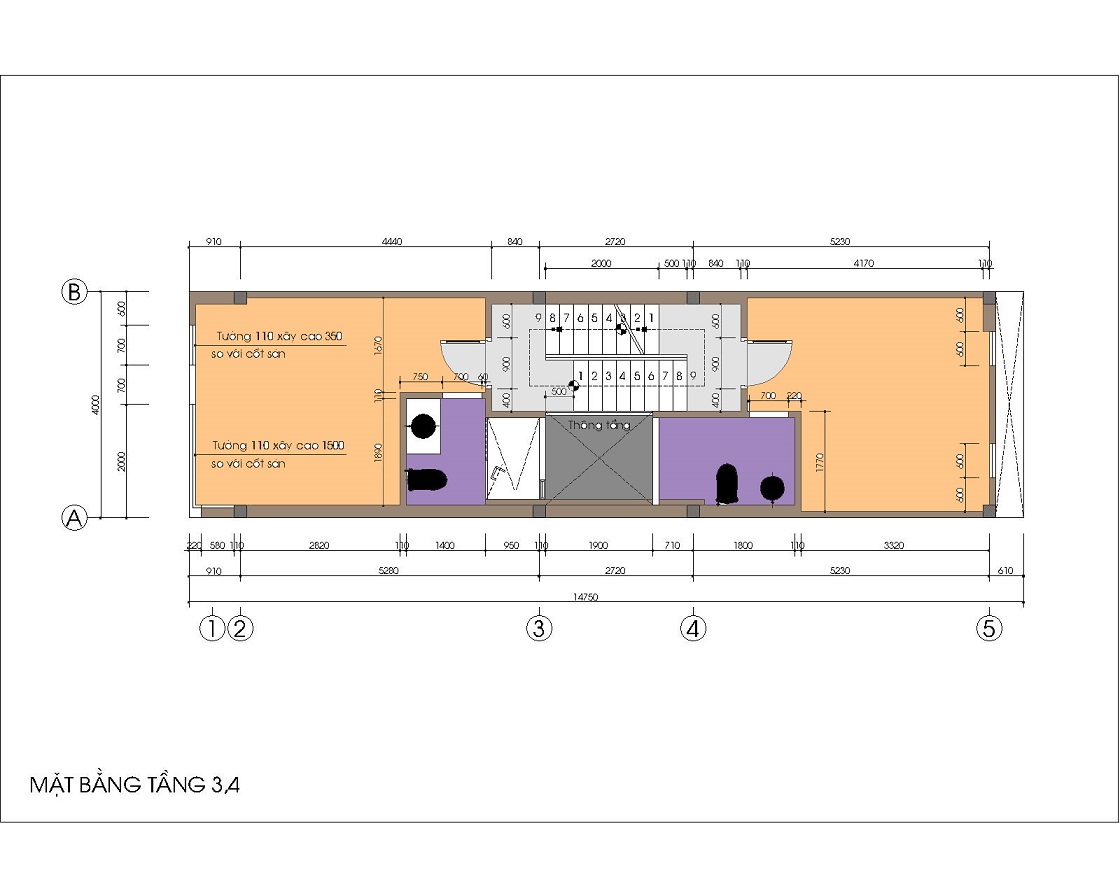 Nội thất nhà ống / nhà phố 4x15m (4 tầng - 4 phòng ngủ) - cầu thang giữa, 2 phòng ngủ lệch tầng về 2 phía của mặt bằng
