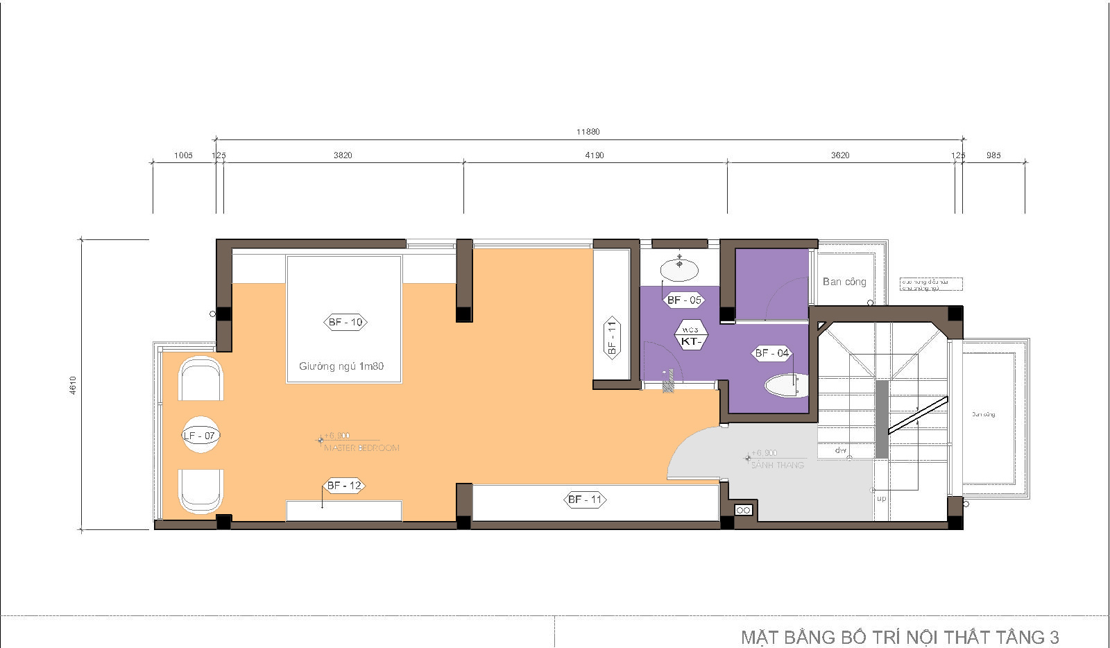Nhà ống / nhà phố 3.6x12m - 5 tầng - 3 phòng ngủ - Mặt bằng tầng 3 bố trí chỉ 1 phòng ngủ, diện tích lớn hài hòa với kết cấu