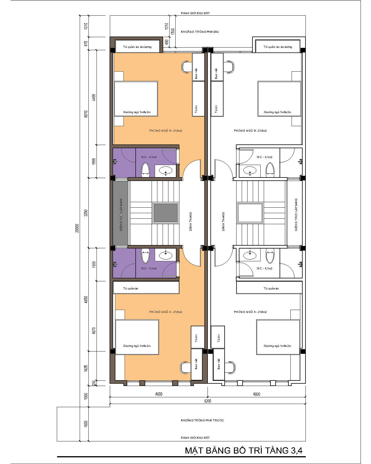 Nhà ống / nhà phố 4.6x15 (5 tầng - 5 phòng ngủ) - mặt bằng tầng 3-4