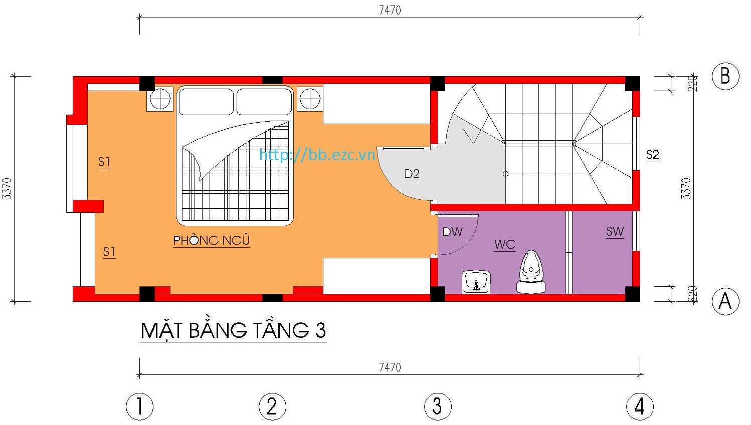 Nhà ống / nhà phố 3.5x7.5m - Mặt bằng tầng 3