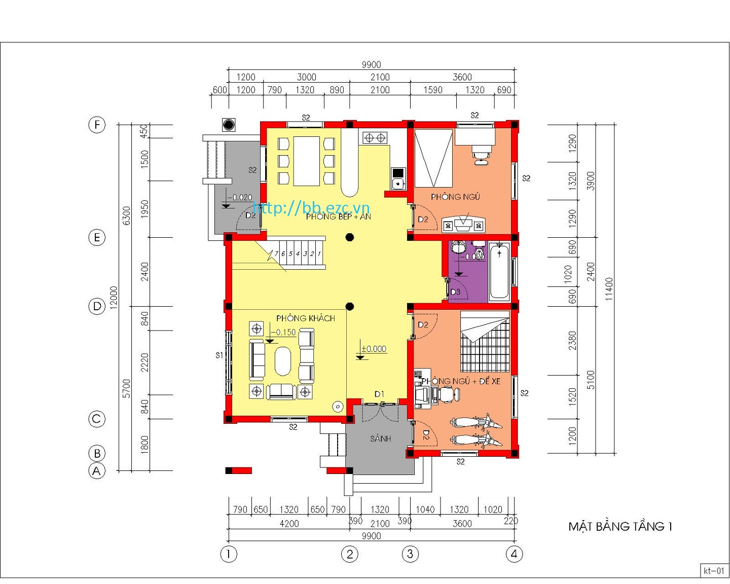 Biệt thự / nhà vườn 10x12m (2 tầng - 4 phòng ngủ) - Mặt bằng tầng 1