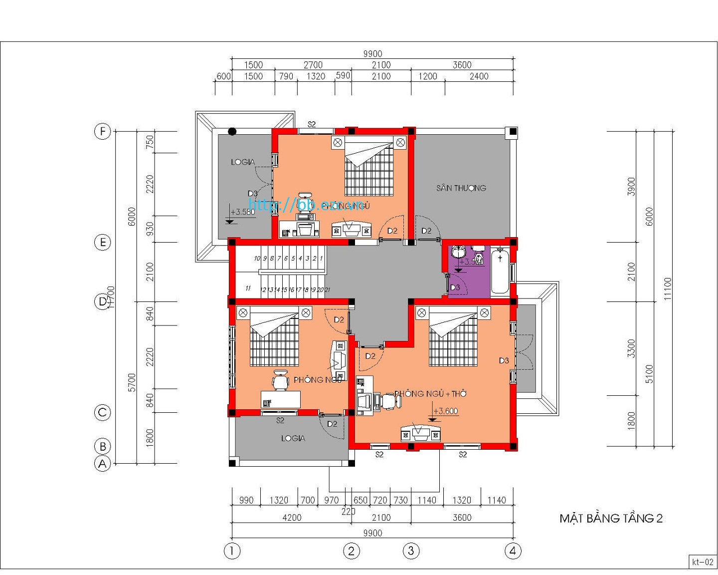 Biệt thự / nhà vườn 10x12m (2 tầng - 4 phòng ngủ) - Mặt bằng tầng 2