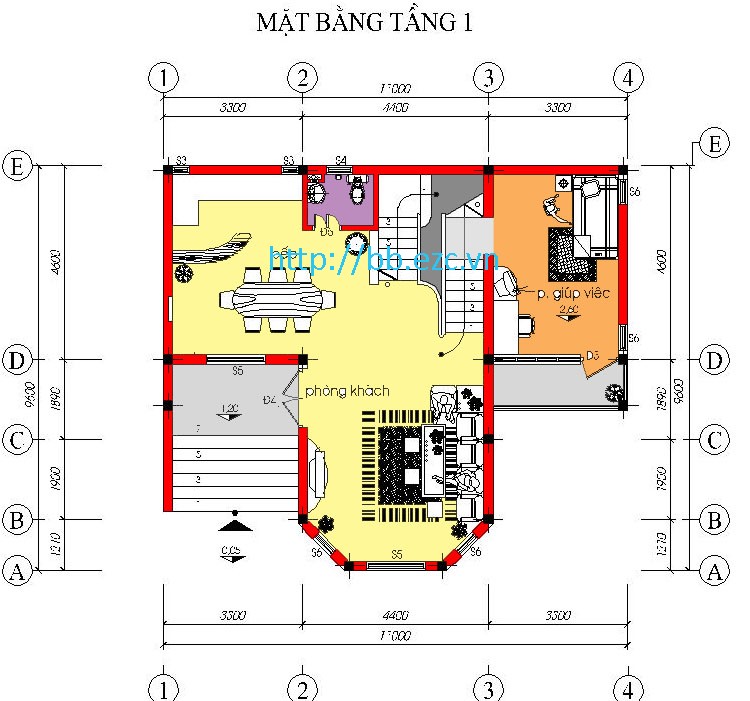 Biệt thự / nhà vườn 11x9.6m- Mặt bằng tầng 1