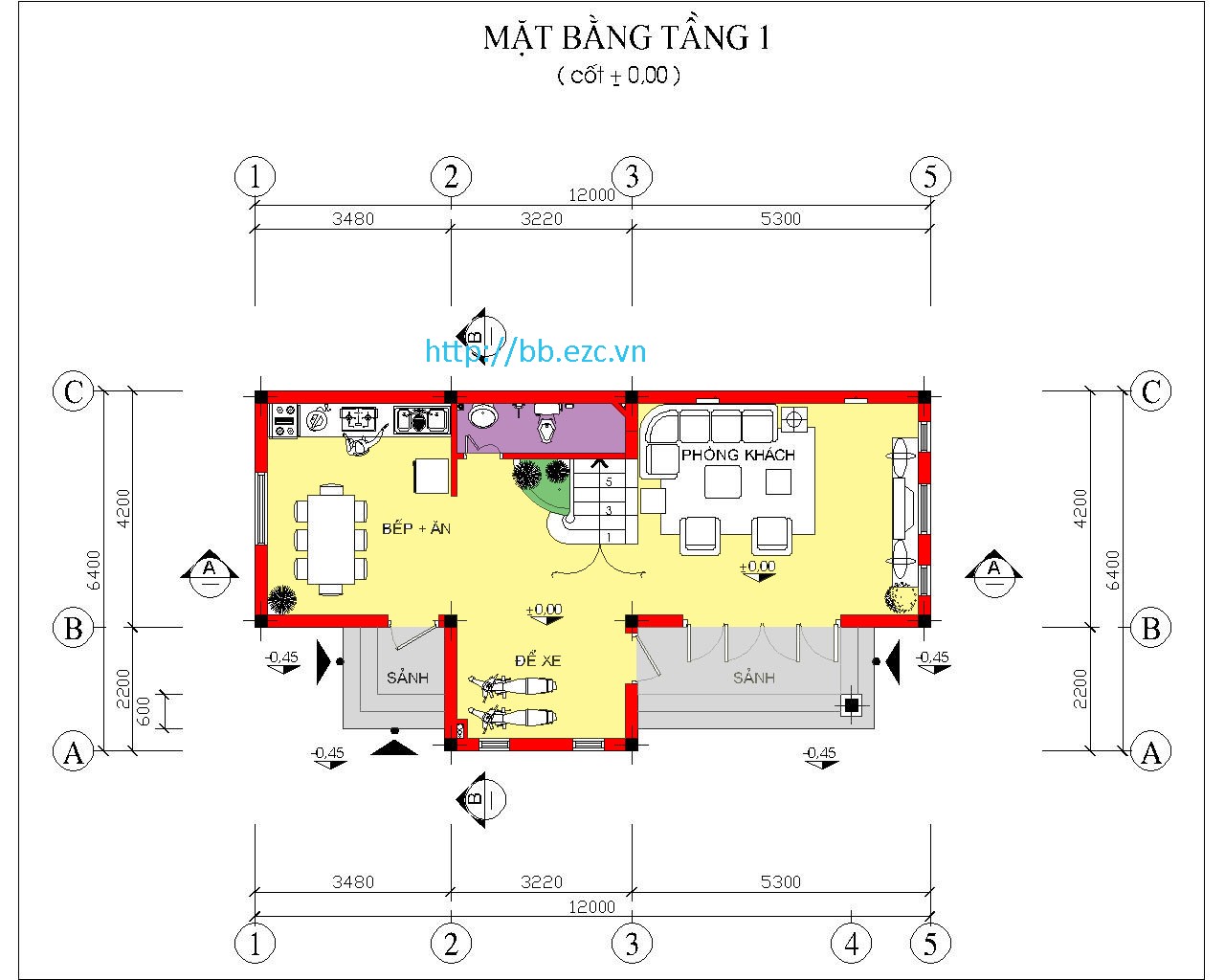 Biệt thự / nhà vườn 12x6.4m - Mặt bằng tầng 1