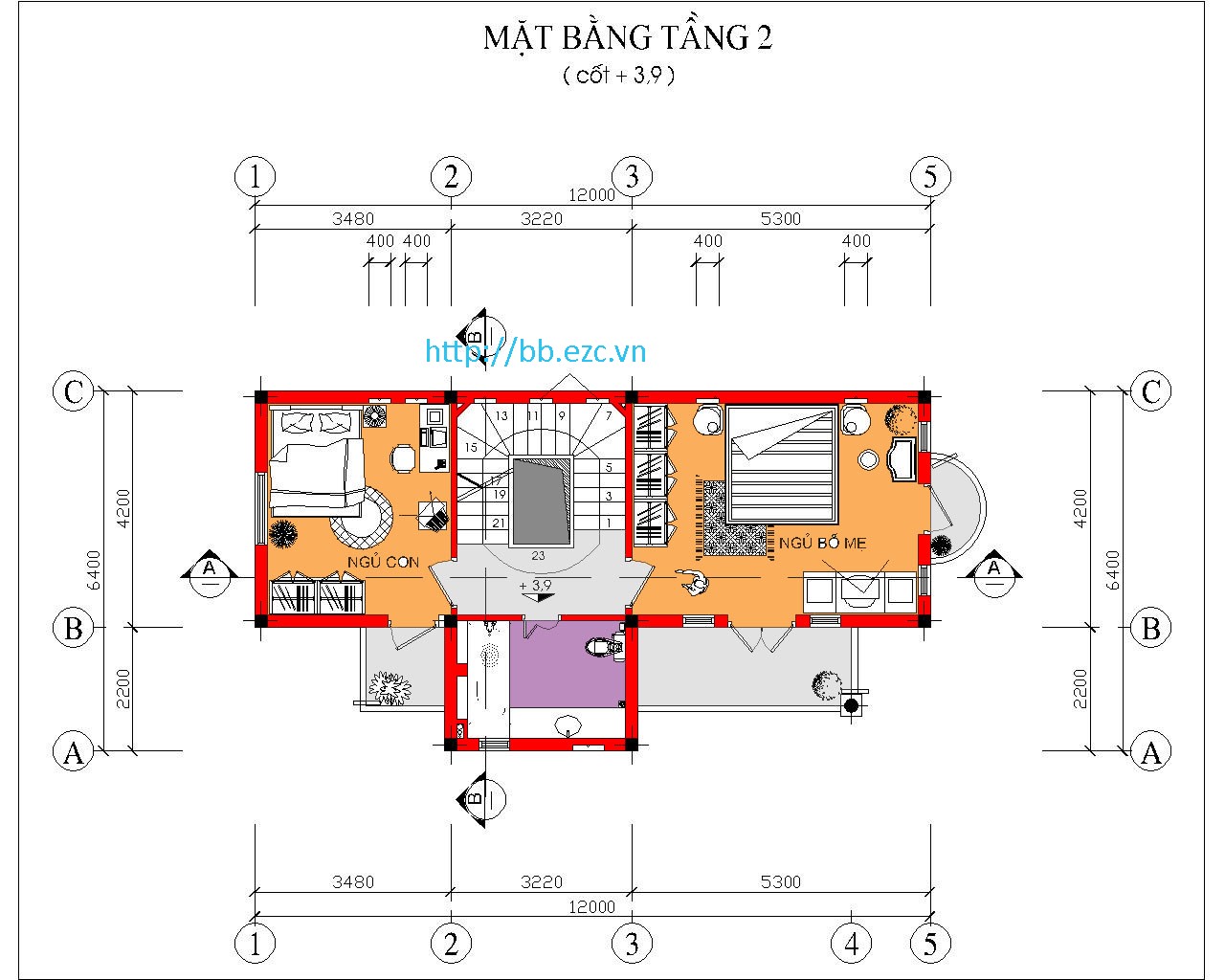 Biệt thự / nhà vườn 12x6.4m - Mặt bằng tầng 2