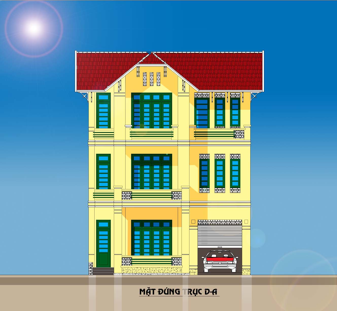 Mặt đứng biệt thự 13x9m - 3 tầng, 4 phòng ngủ