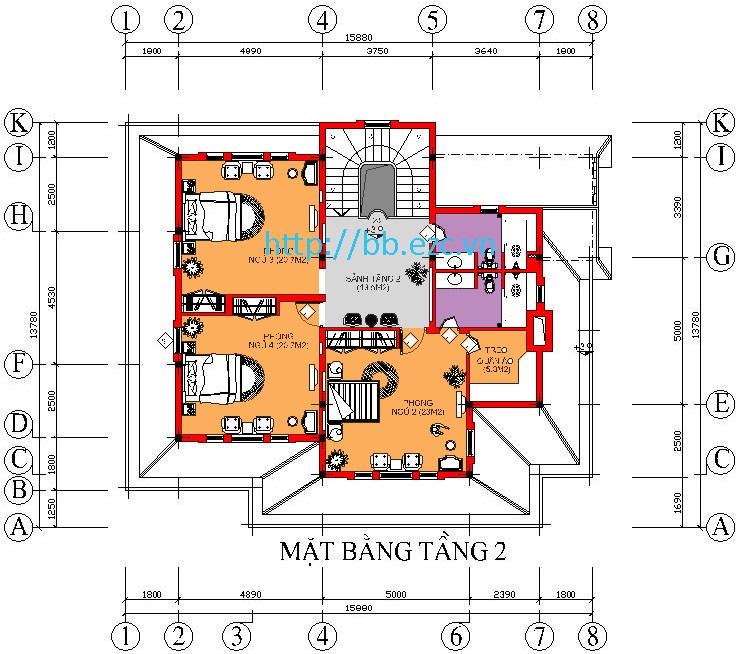Biệt thự / nhà vườn 16x14m (2 tầng - 4 phòng ngủ) - Mặt bằng tầng 2