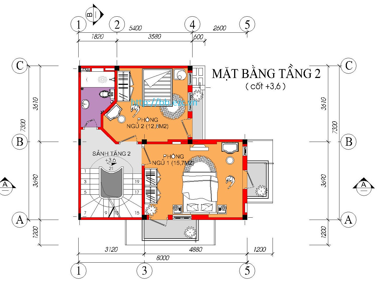 Biệt thự / nhà vườn 7.3x8m - 3 tầng - 3 phòng ngủ - Mặt bằng tầng 2