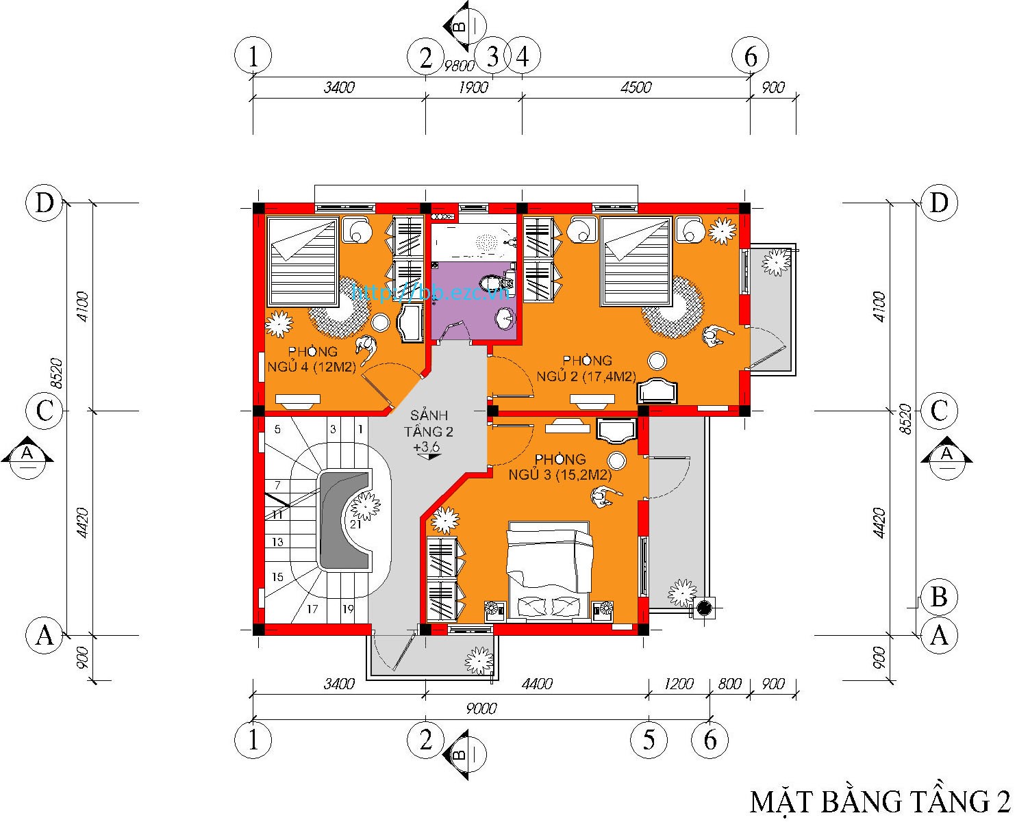 Biệt thự / nhà vườn 8.5x9m - 3 tầng - 4 phòng ngủ - Mặt bằng tầng 2