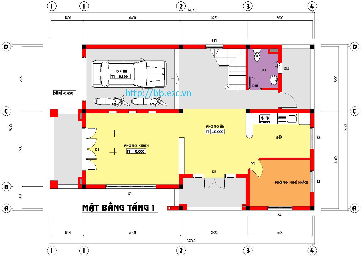 Biệt thự / nhà vườn 9.2x15m - 3 tầng - 4 phòng ngủ - Mặt bằng tầng 1