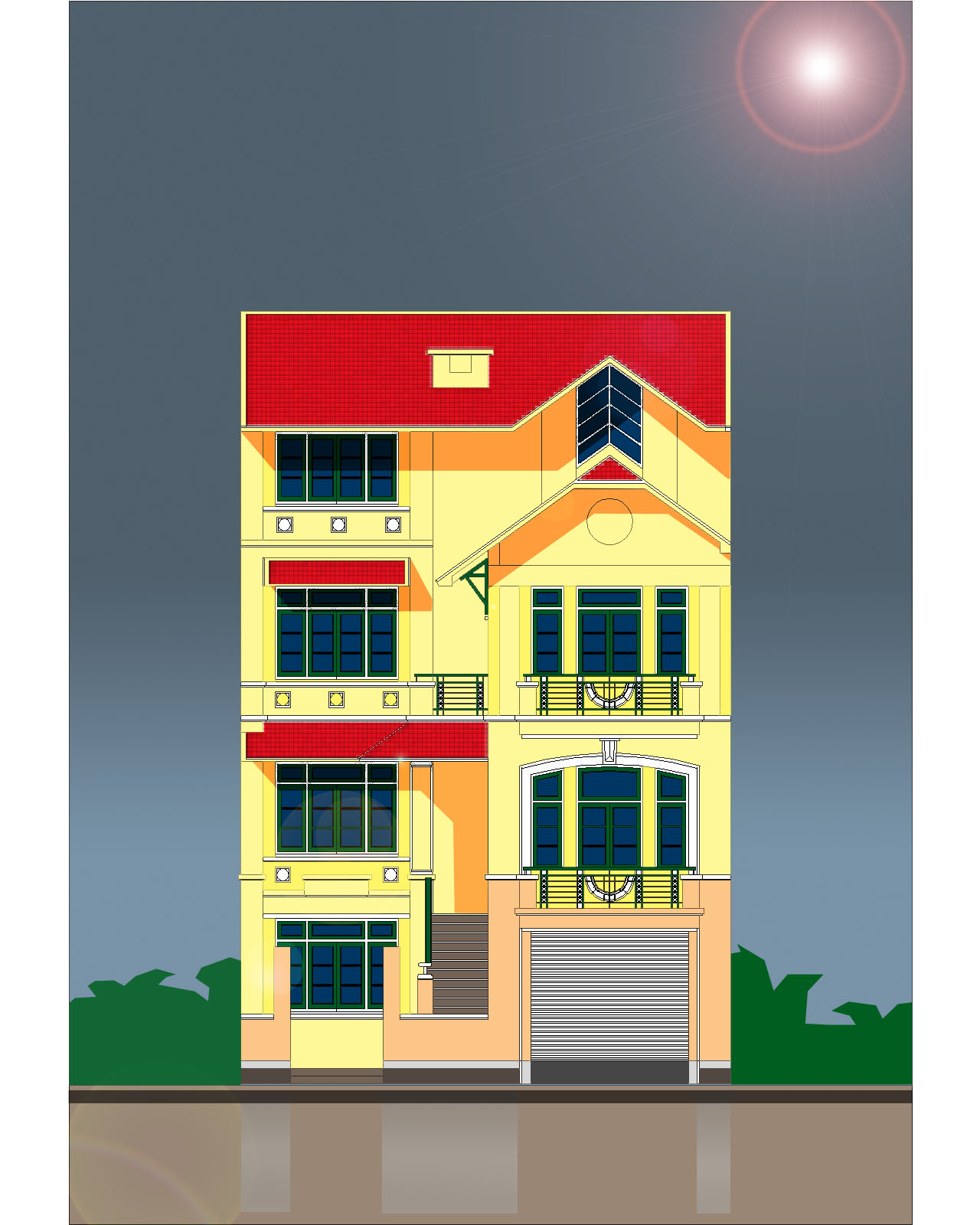 Mặt đứng (biệt thự 9.3x12.6m) khá đơn giản