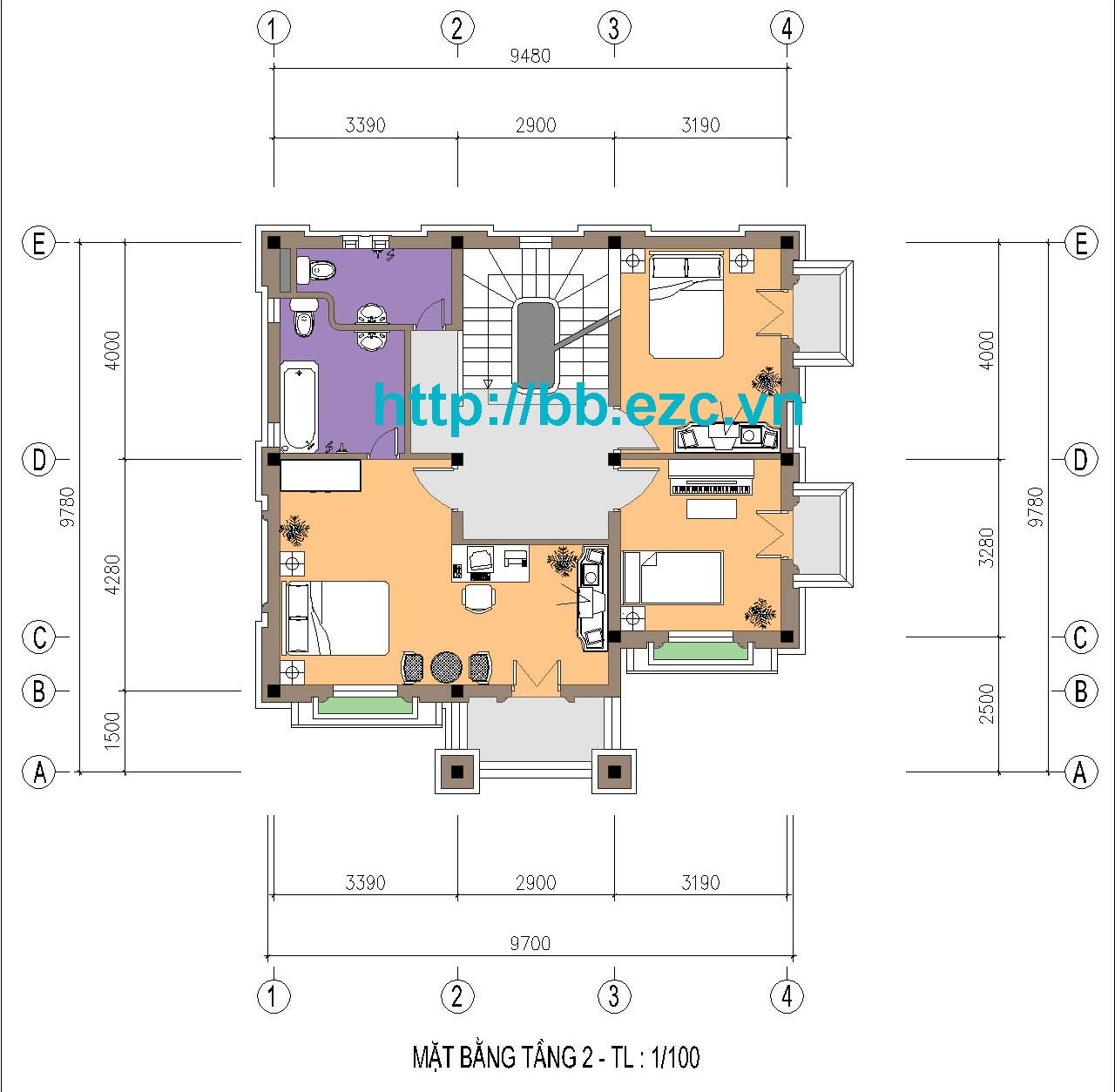 Biệt thự / nhà vườn 9x10.5m 4 tầng - 4 phòng ngủ - Mặt bằng tầng 2