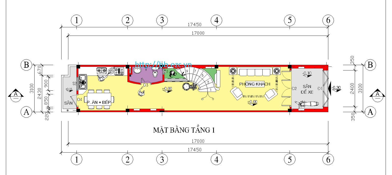 Nhà ống / nhà phố 3.1x17.5m - Mặt bằng tầng 1
