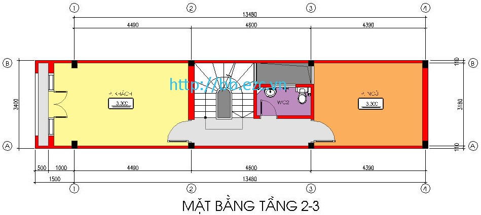 Nhà ống / nhà phố 3.4x13.6m - Mặt bằng tầng 2-3