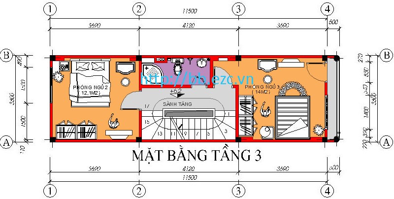 Mặt bằng tầng 3 - nhà ống 3,6x11,5m - 2 phòng ngủ ở về 2 phía cầu thang