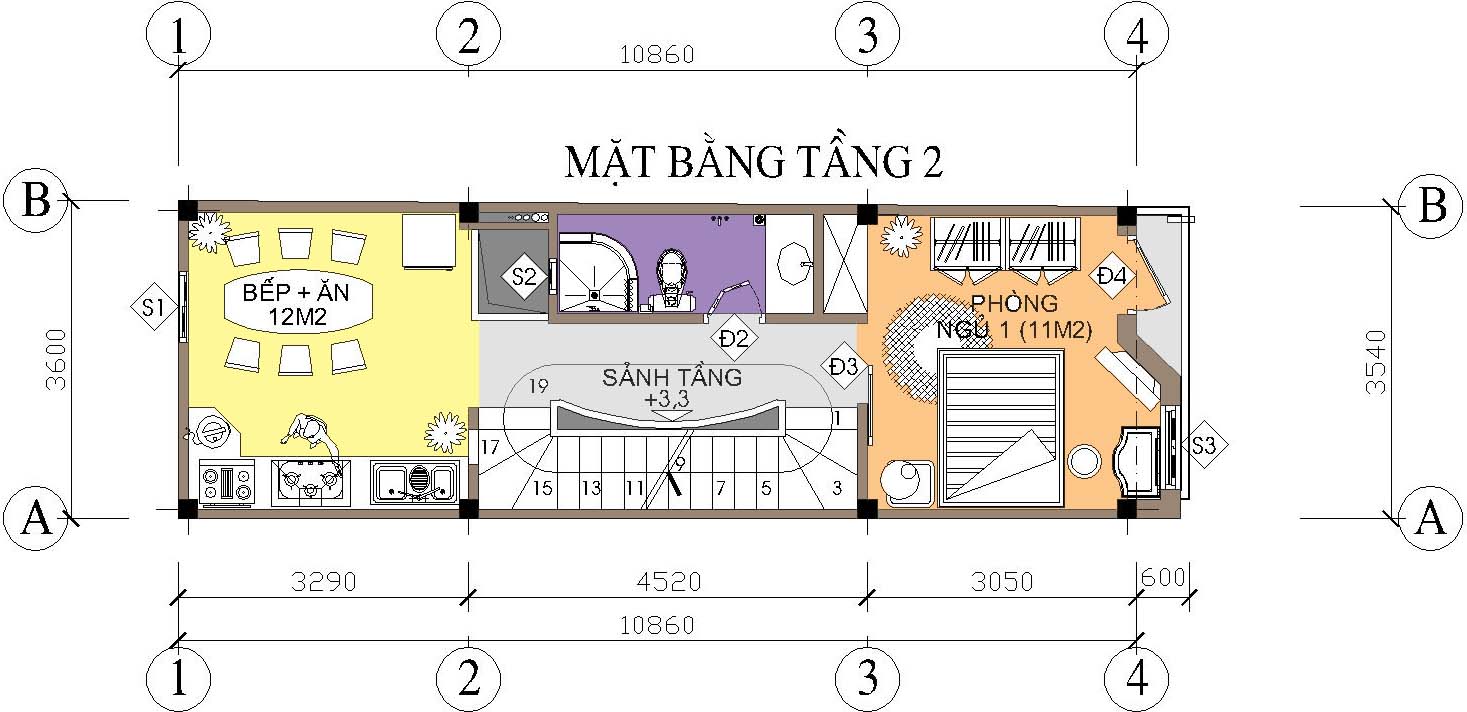 Nhà ống / nhà phố 3.6x11m - Mặt bằng tầng 2