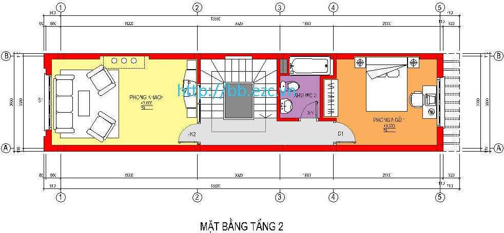 Nhà ống / nhà phố 3.6x14m - Mặt bằng tầng 2