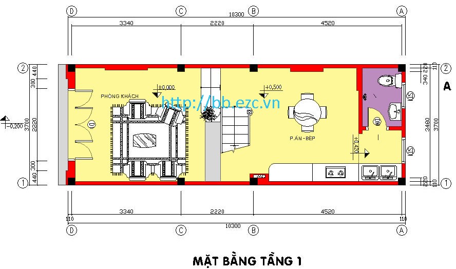 Mặt bằng tầng 1 nhà ống 3.7x10.5m - 4 phòng ngủ - 4 tầng
