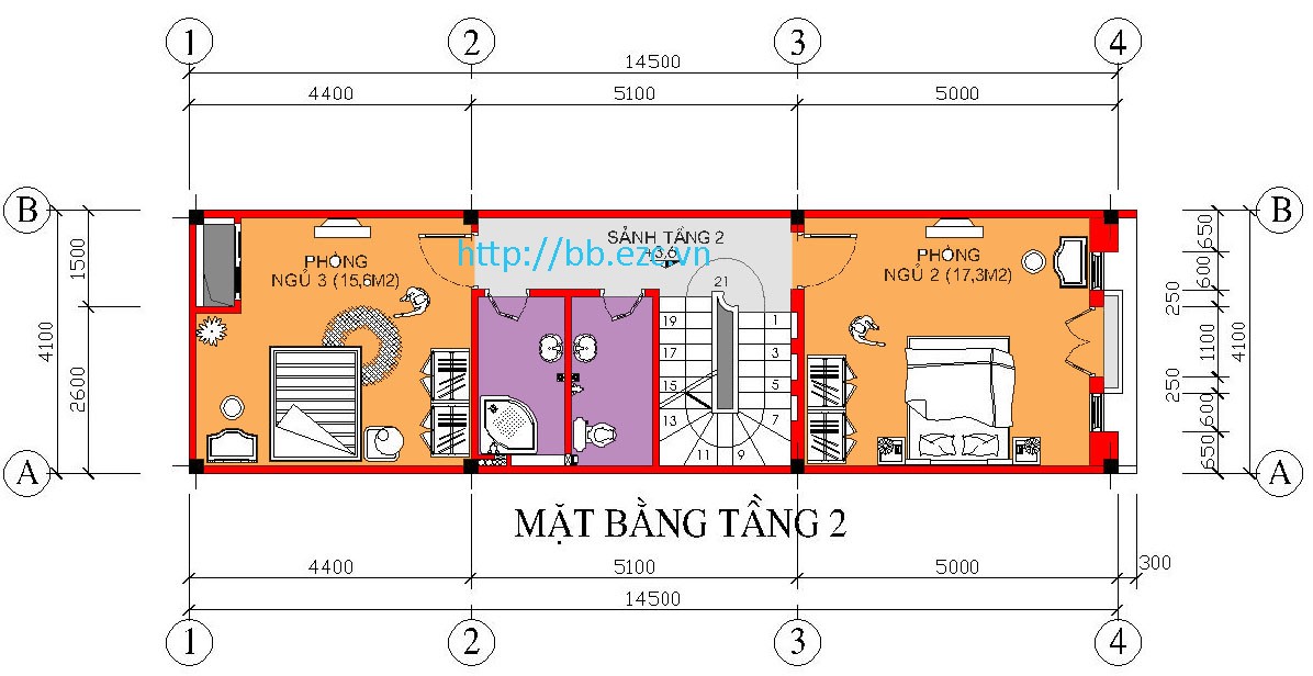 Nhà ống / nhà phố 4.1x14.5m - Mặt bằng tầng 2