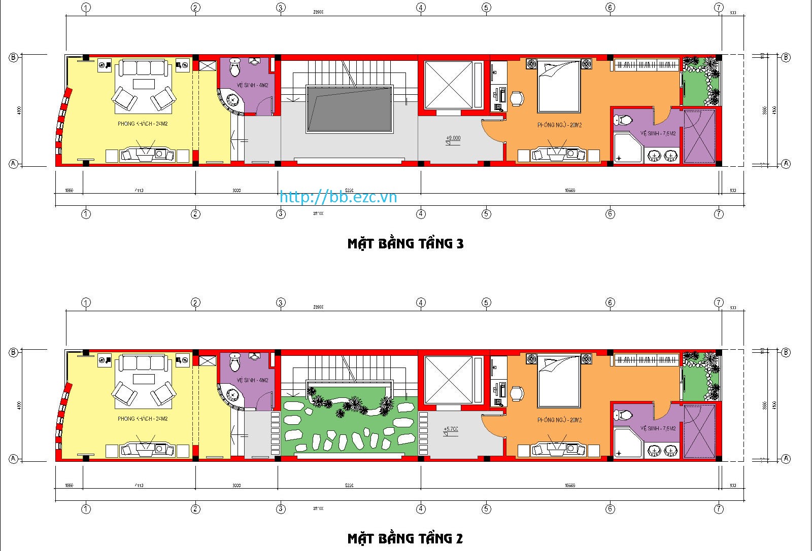 Nhà ống / nhà phố 4.1x24m - Mặt bằng tầng 2 - 3