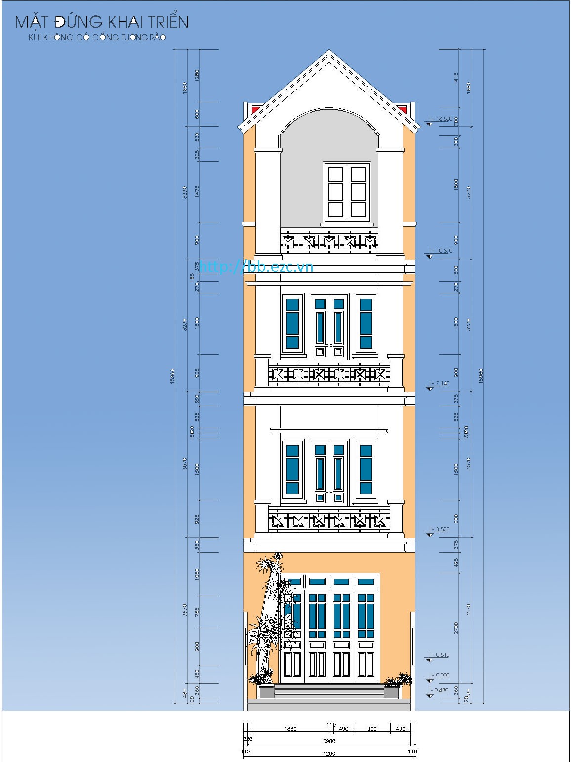 Nhà ống / nhà phố 4.2x18m - Mặt đứng khai triển