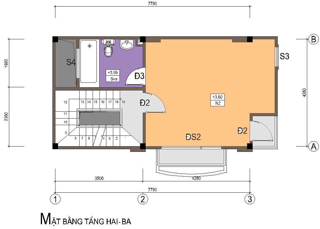 Nhà ống / nhà phố 4.3x8m - Mặt bằng tầng 2-3