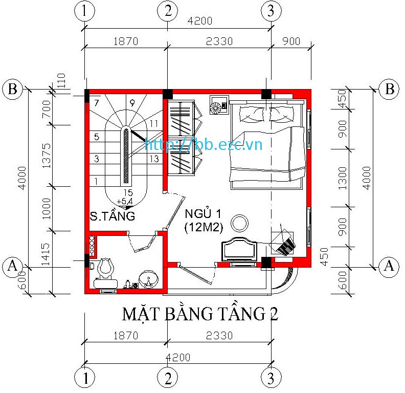 Nhà ống (nhà phố) 4x4.2m - 5 tầng - 3 phòng ngủ - Mặt bằng tầng 2