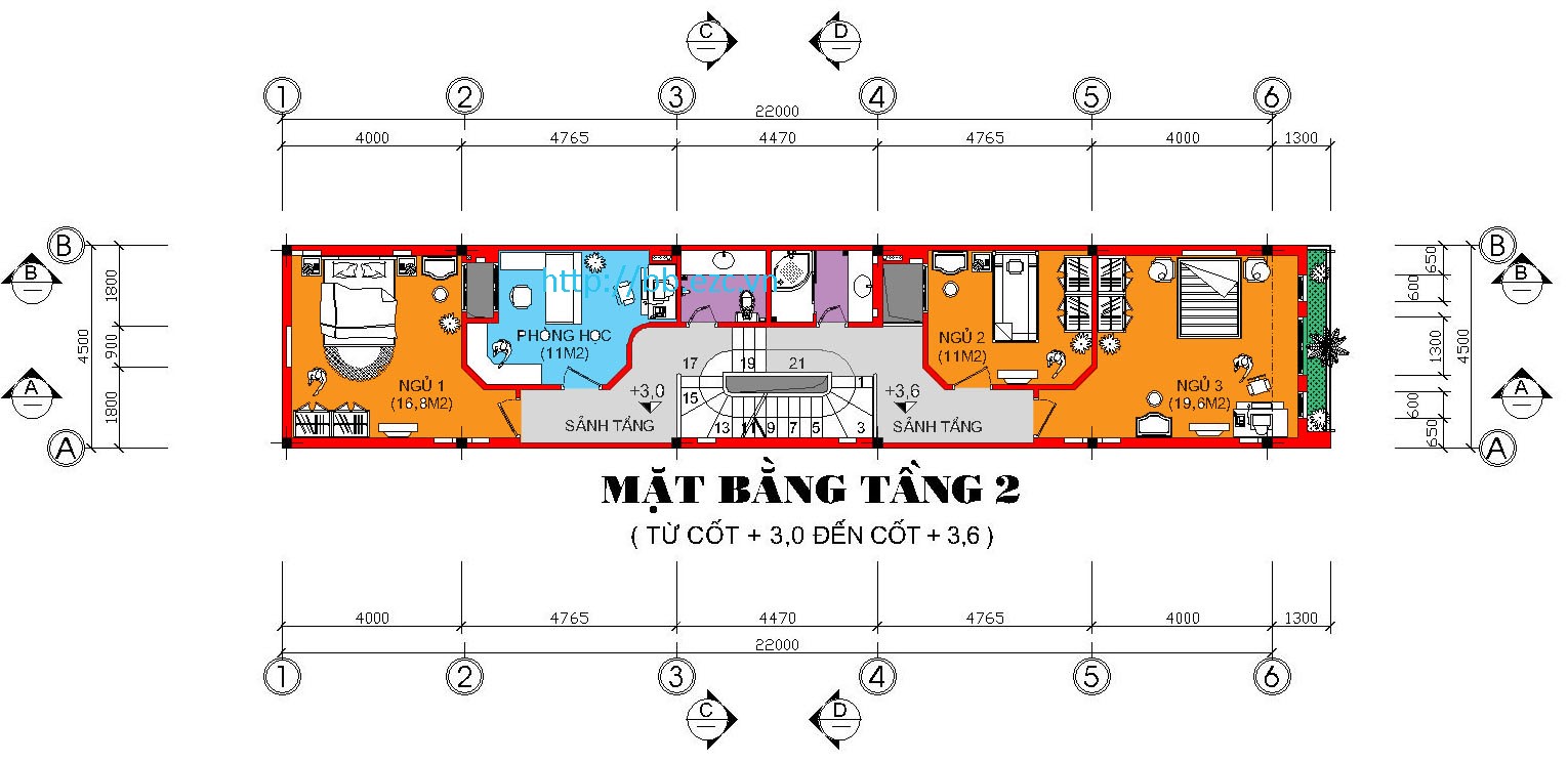 Nhà ống / nhà phố 4.5x22m - Mặt bằng tầng 2