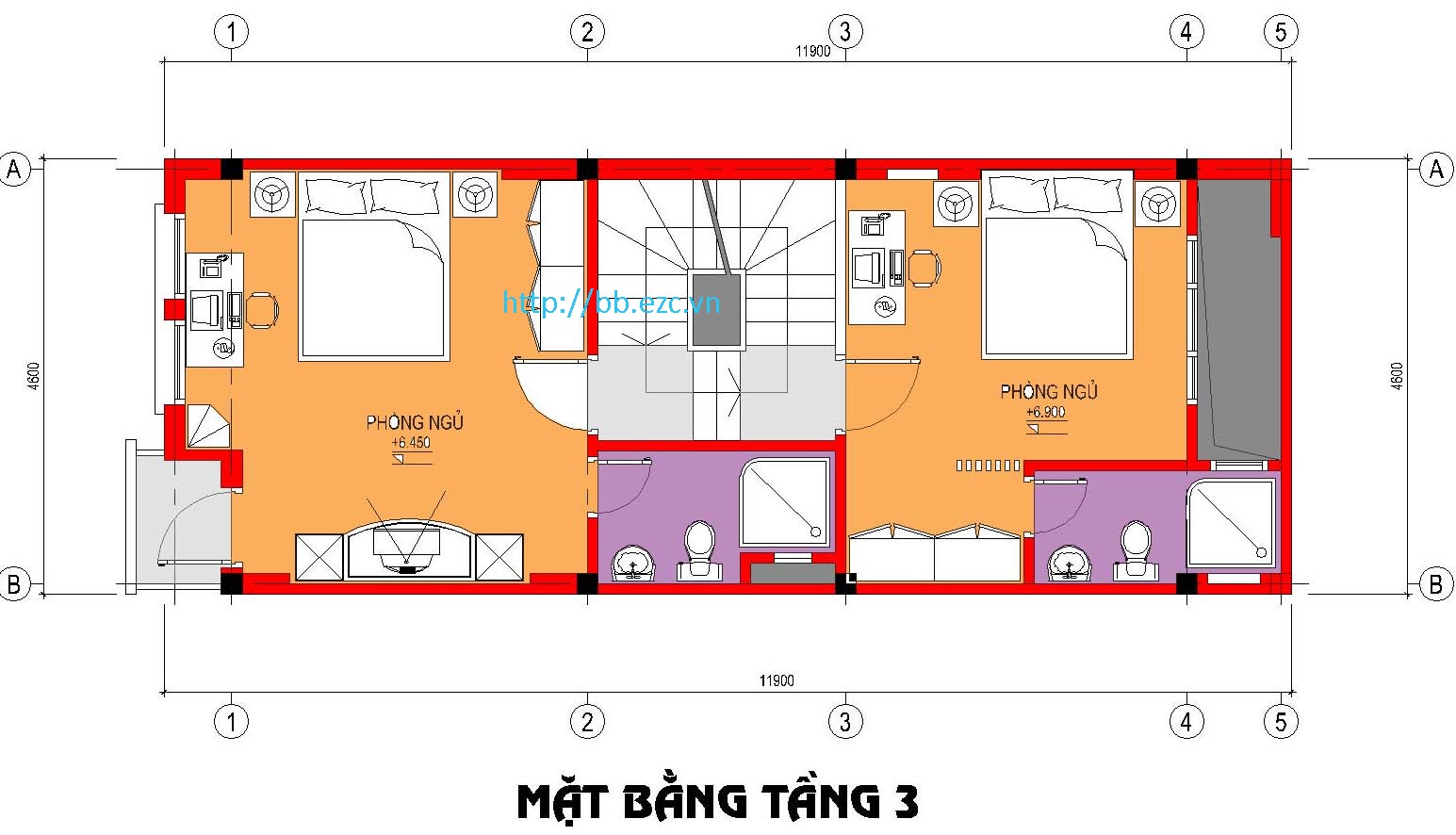 Nhà ống / nhà phố 4.6x12m - Mặt bằng tầng 3