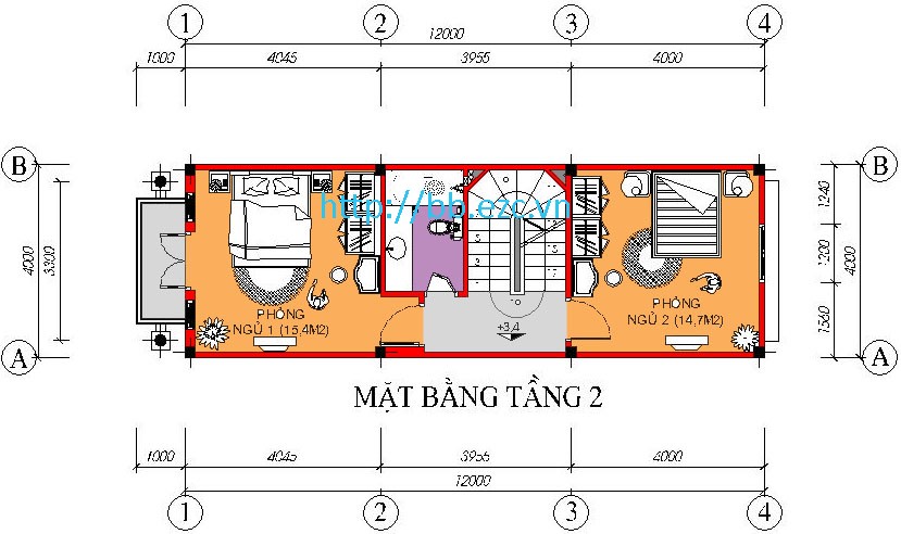 Nhà ống / nhà phố 4x12m - Mặt bằng tầng 2