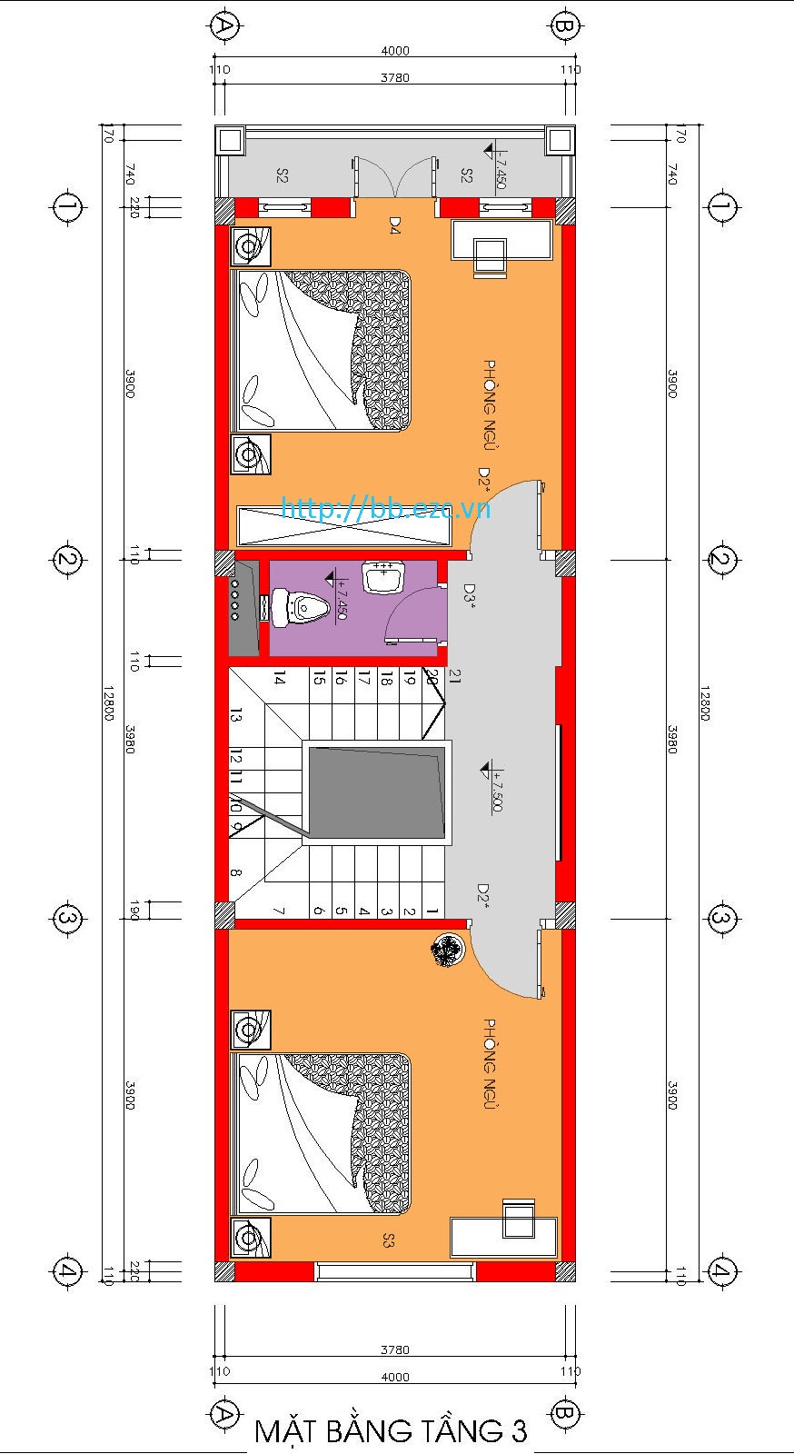 Nhà ống - nhà phố 4x13m - Mặt bằng tầng 3