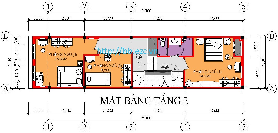 Nhà ống (nhà phố) 4x15m - Mặt bằng tầng 2