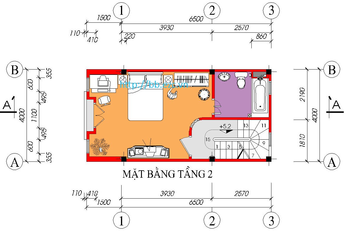 Nhà ống (nhà phố) 4x6.5m - 5 tầng - 3 phòng ngủ - Mặt bằng tầng 2