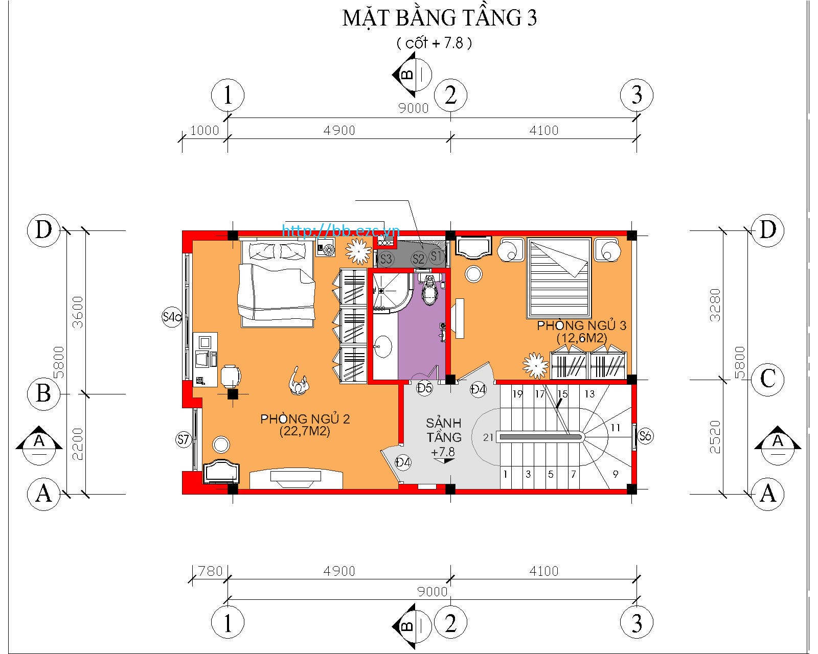 Nhà ống (nhà phố) 5.8x9m - 5 tầng - 3 phòng ngủ - Mặt bằng tầng 3