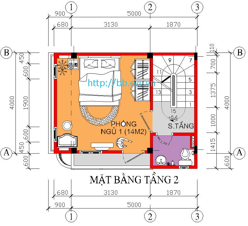 Nhà ống (nhà phố) 5x4m - 5 tầng - 3 phòng ngủ - Mặt bằng tầng 2
