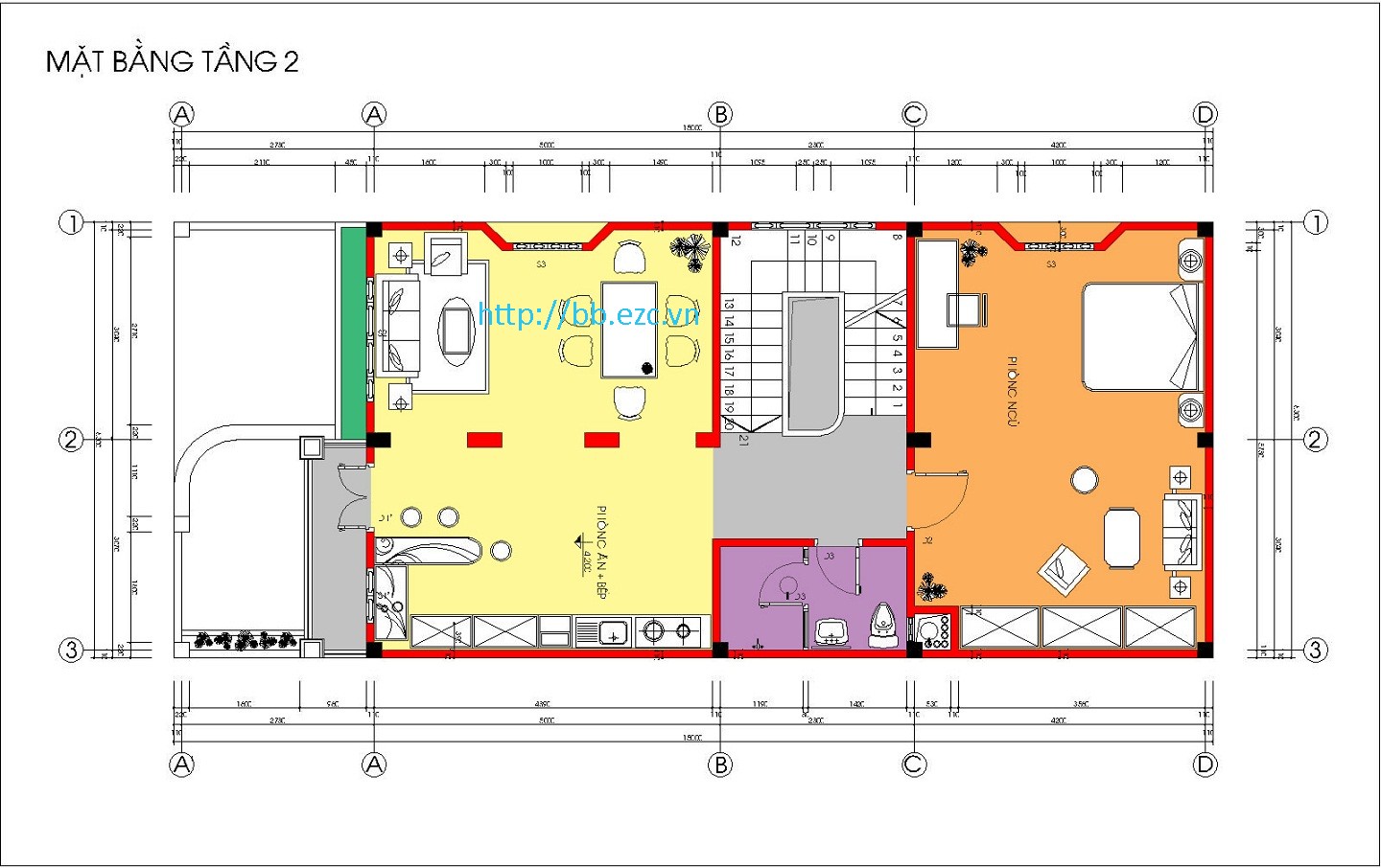 Nhà ống (nhà phố) 6.3x15m - 3 tầng - 3 phòng ngủ - Mặt bằng tầng 2
